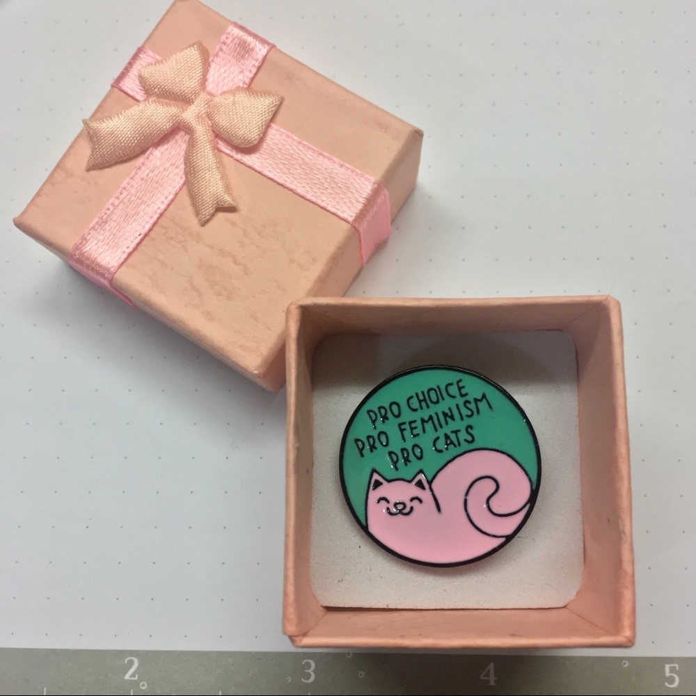 Feminist cat pink & green enamel & metal pin NEW